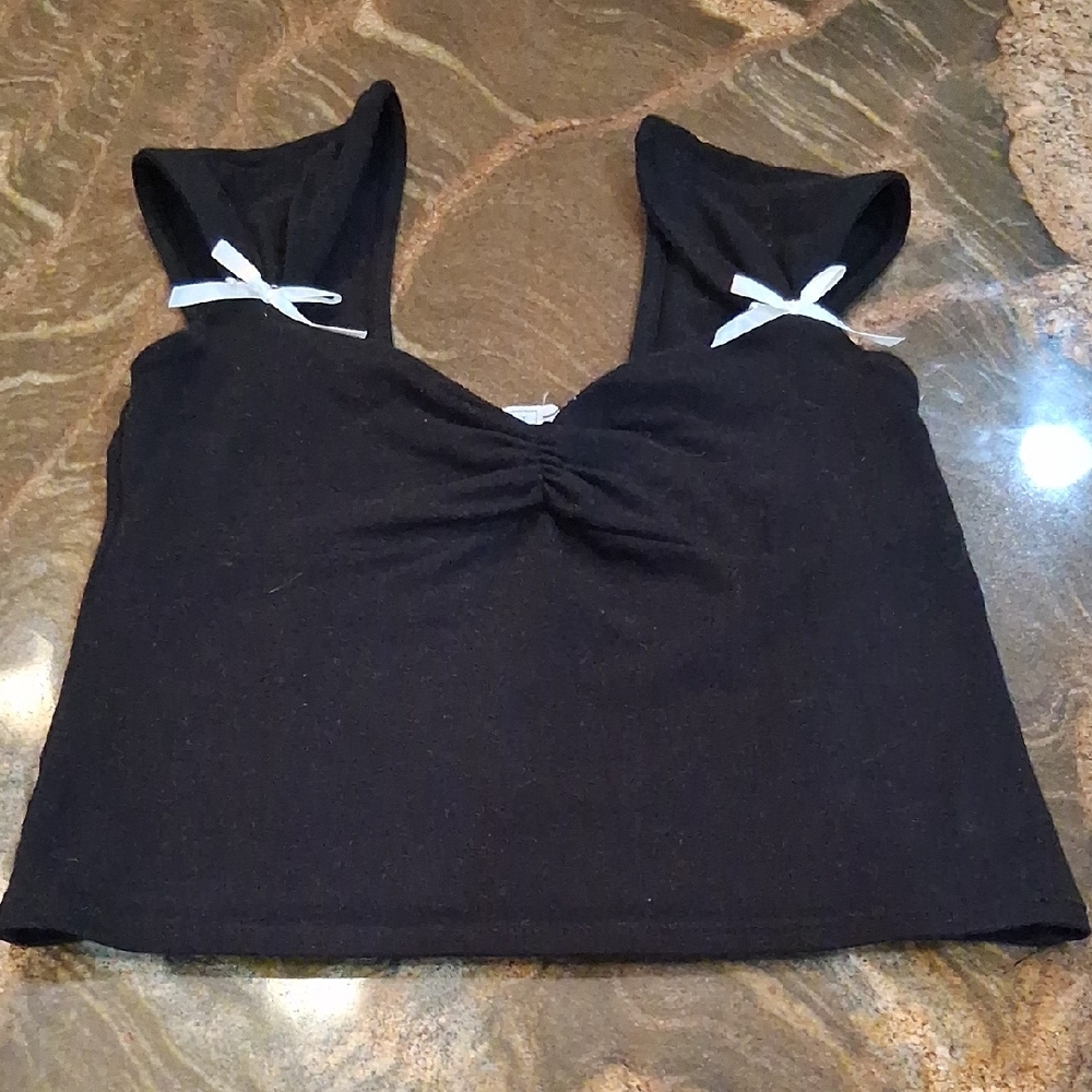 Full Tilt Black Crop Top with Cream Bow Details
